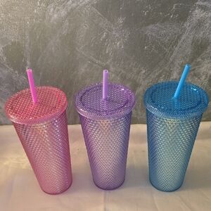 3 Diamond Studded Tumblers with Straws 24 fl Oz, New